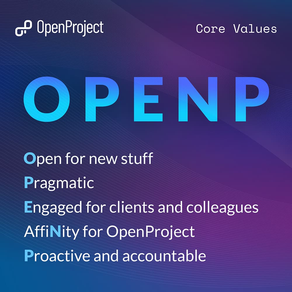 The image displays the acronym "OPENP" with an accompanying definition explaining its core values: "Open for new stuff, Pragmatic, Engaged for clients and colleagues, Affinity for OpenProject, Proactive and accountable"