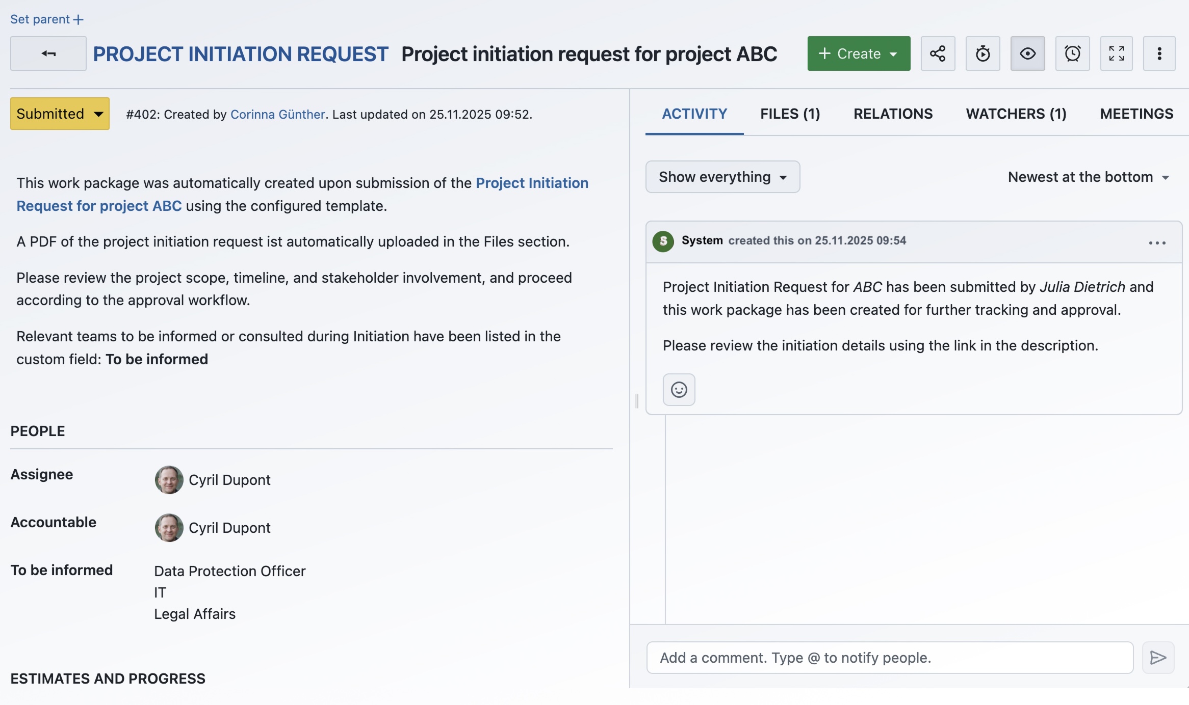 Demo work package of type Project initiation request with automatically written description, uploaded PDF file and comment by system
