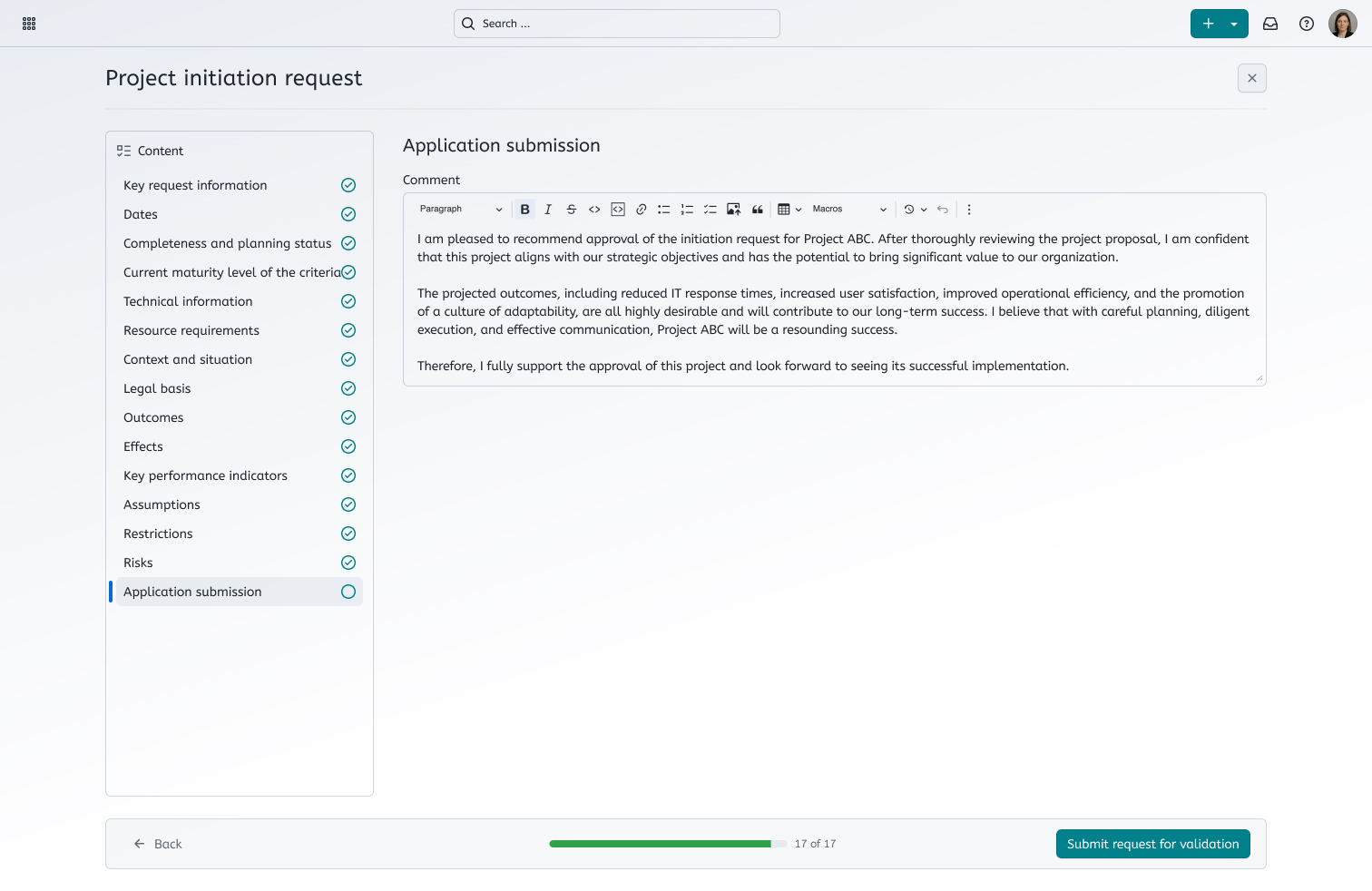 Mockup showing interface to submit a project initiation request in OpenProject