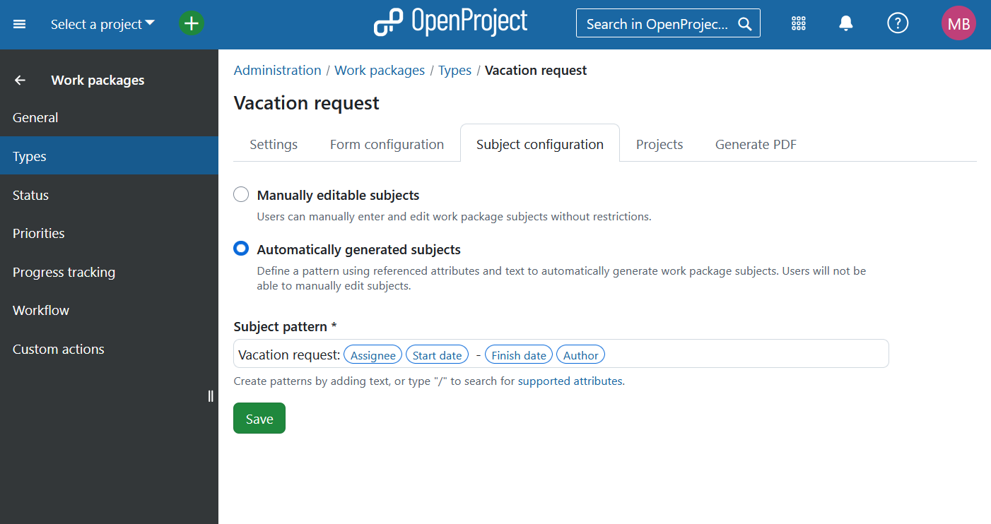 Settings for automatic work package subject generation in OpenProject