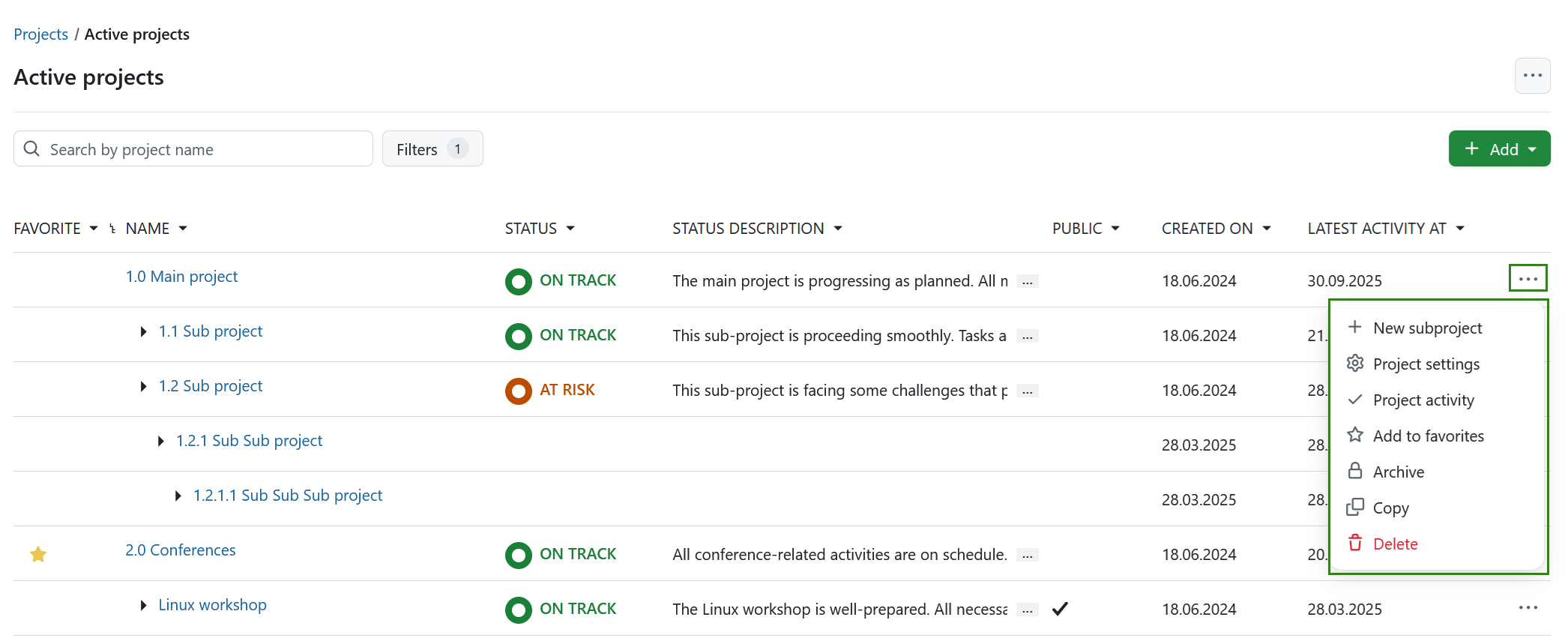 new subproject project list
