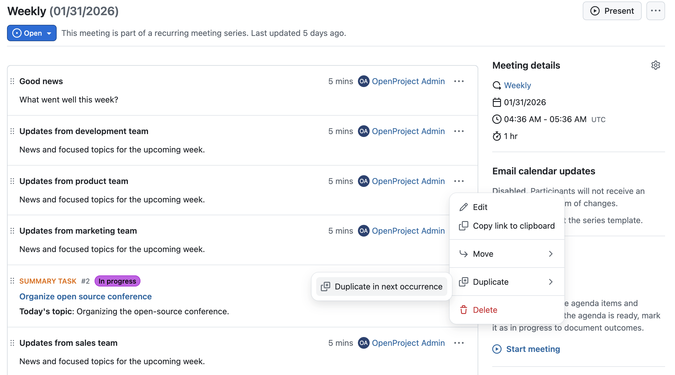 OpenProject meeting showing option to duplicate an agenda item to the next meeting occurrence by clicking the More menu of an agenda item –> Duplicate –> Duplicate in next occurrence