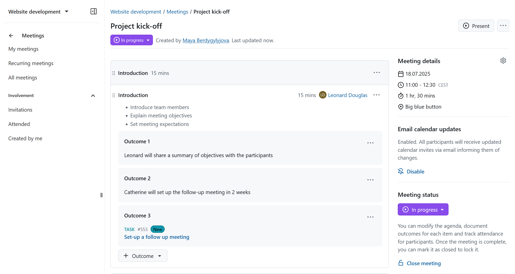 Add multiple agenda item outcomes directly to agenda items in OpenProject meetings