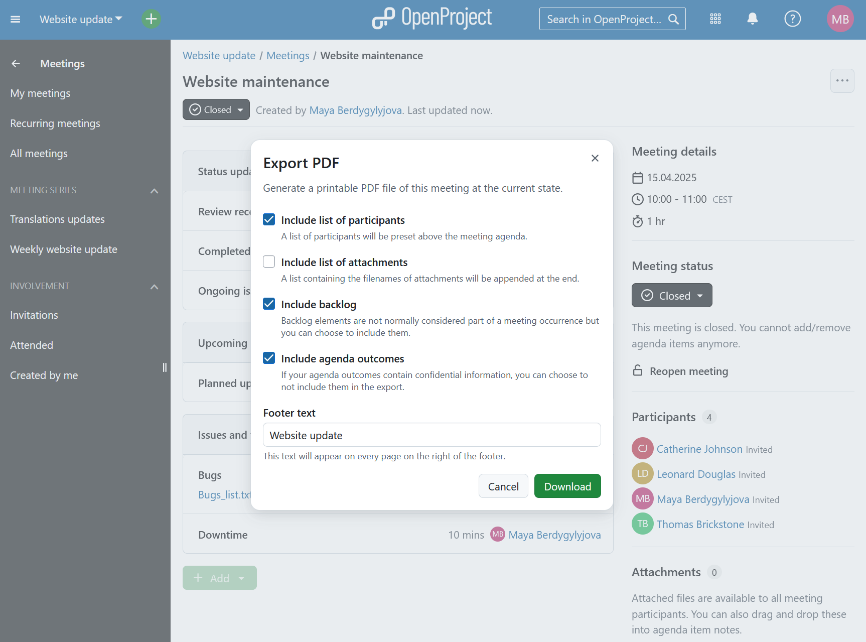 Export modal to specify what should be included into a meeting PDF export in OpenProject project management software