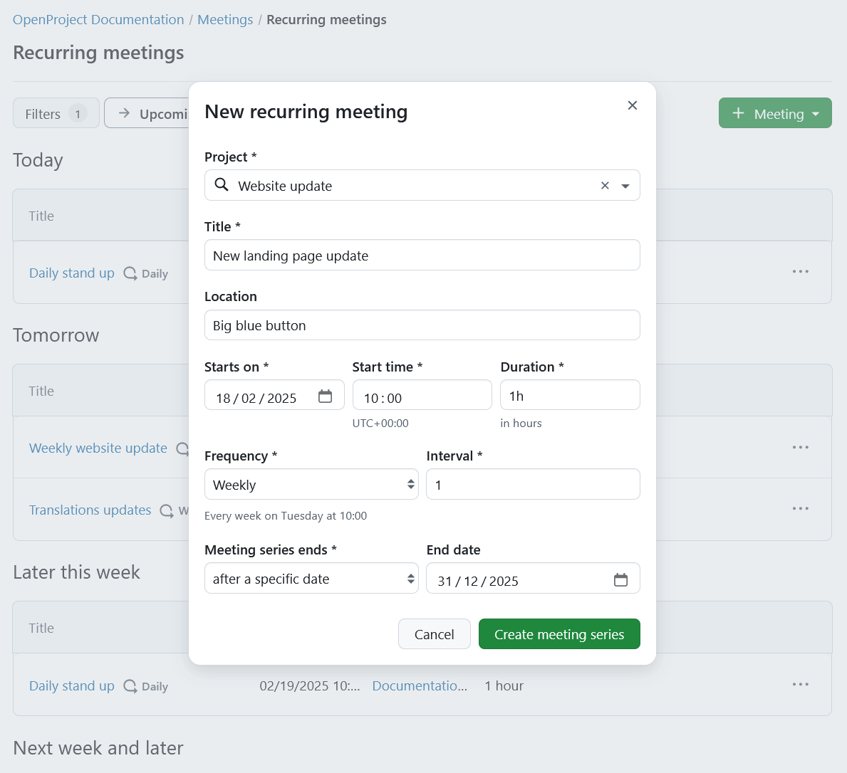 User interface for setting up flexible recurring meeting schedules in OpenProject