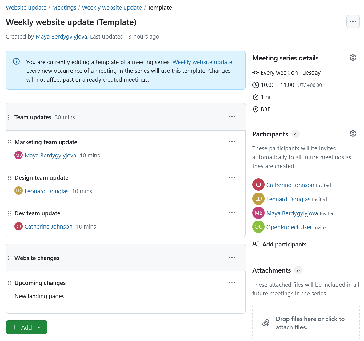 User view of agenda configuration for a recurring meeting series in OpenProject