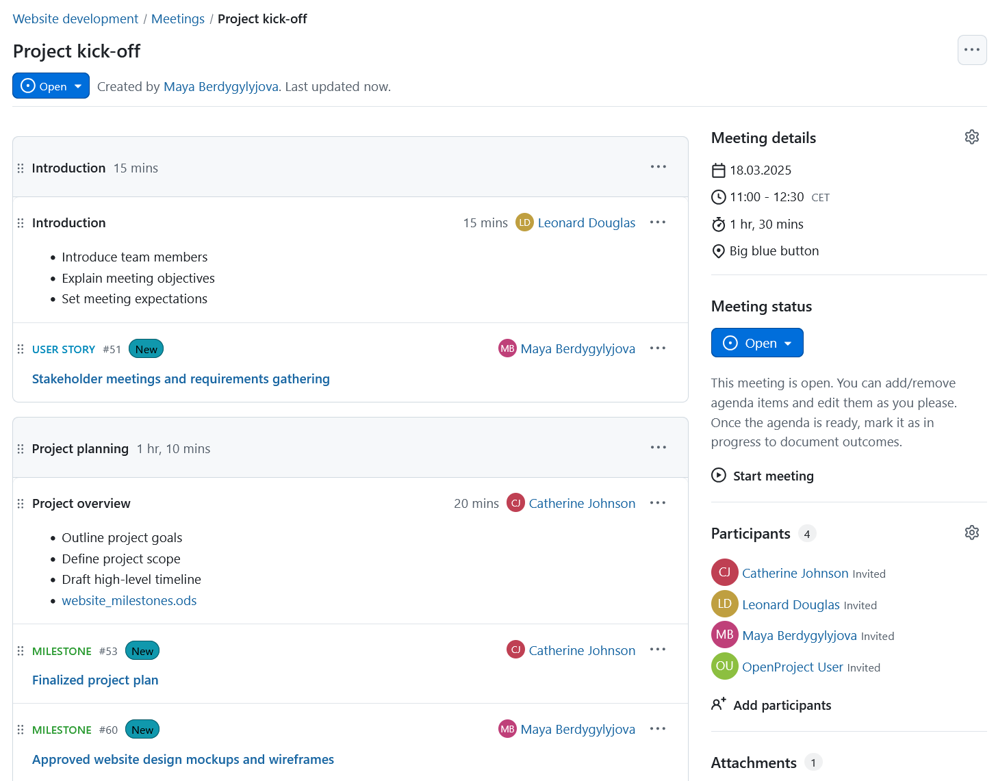 Work packages linked directly to meeting agenda in OpenProject