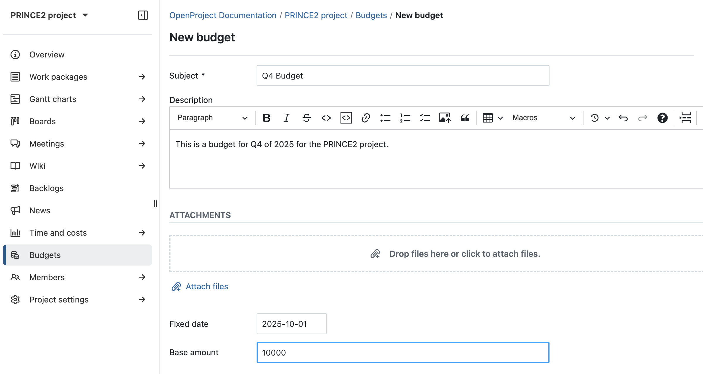 Follow the PRINCE2 process with OpenProject: Initiate a project by setting up budgets