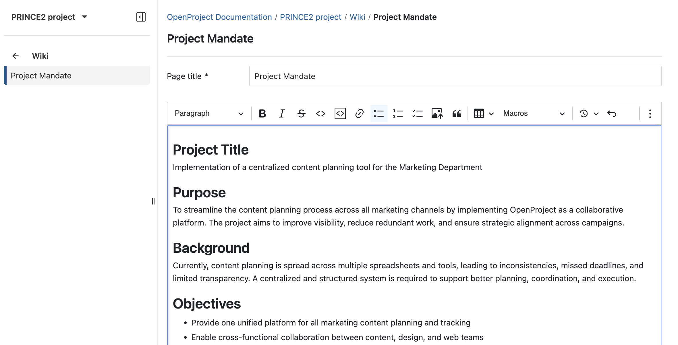 Follow the PRINCE2 process with OpenProject: Start up a project by creating a new wiki in OpenProject for your Project Mandate
