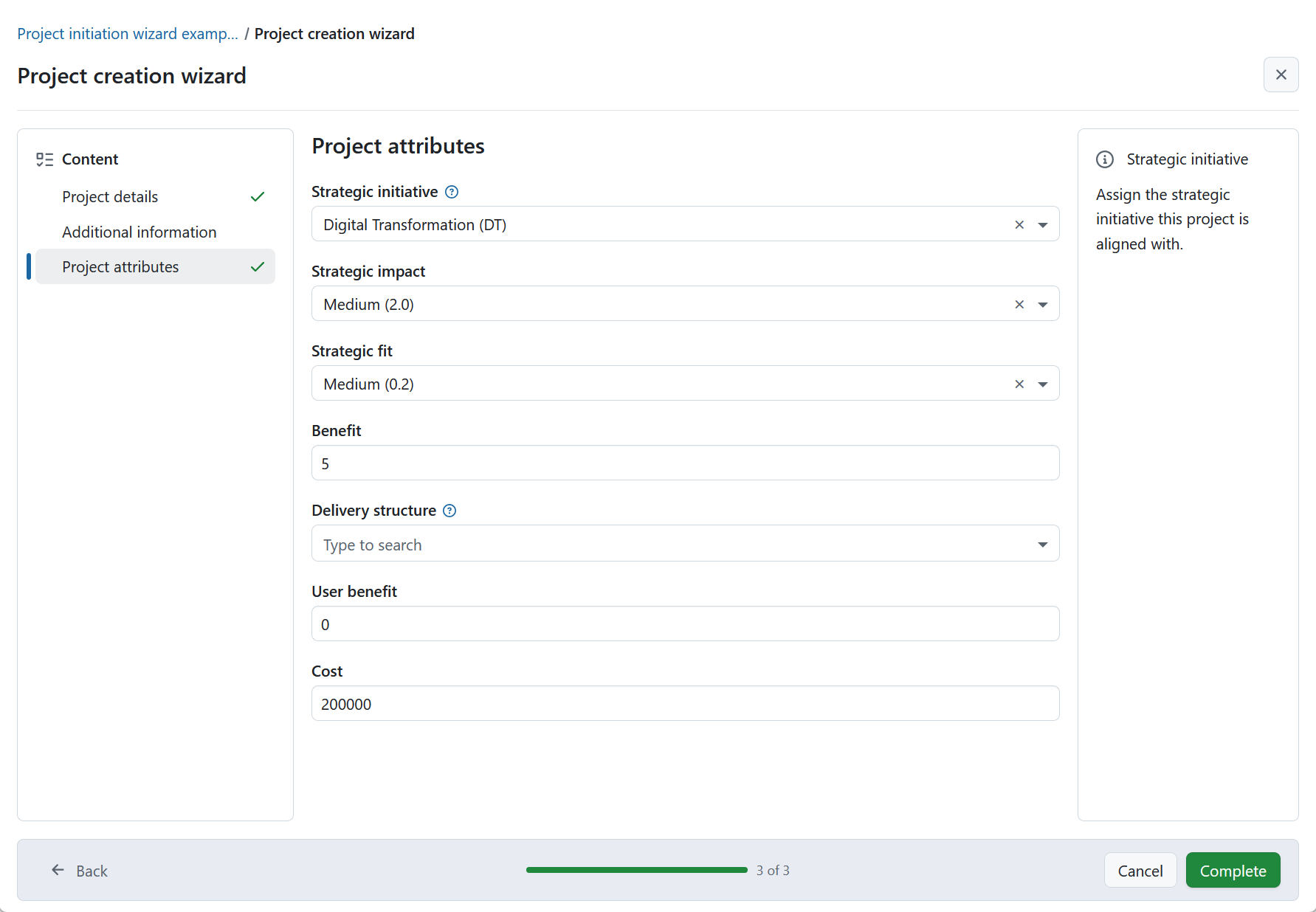 Project initiation process in OpenProject, showing pre-defined project attributes to be filled out