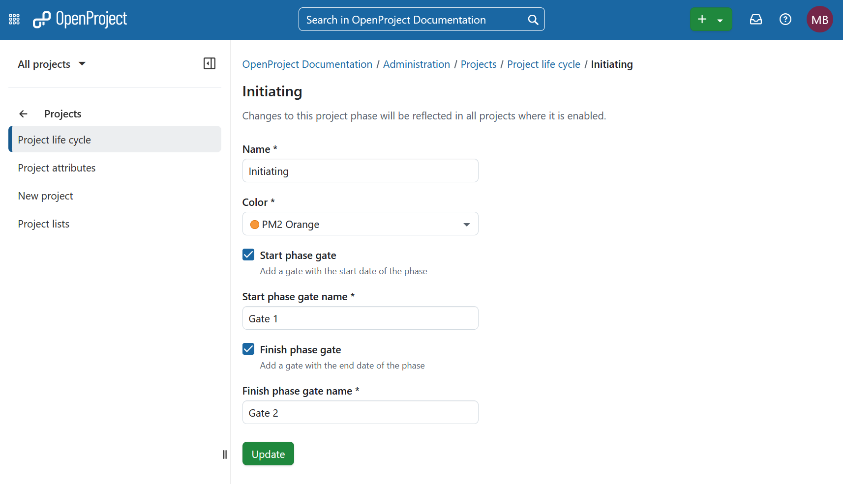 Customize project phases and phase gates in OpenProject administration