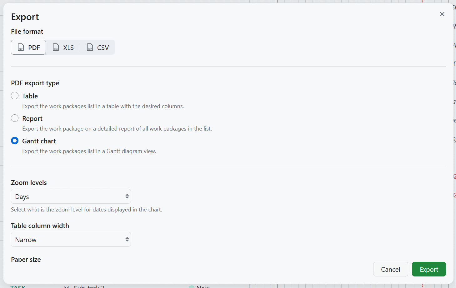 Gantt chart export options in OpenProject