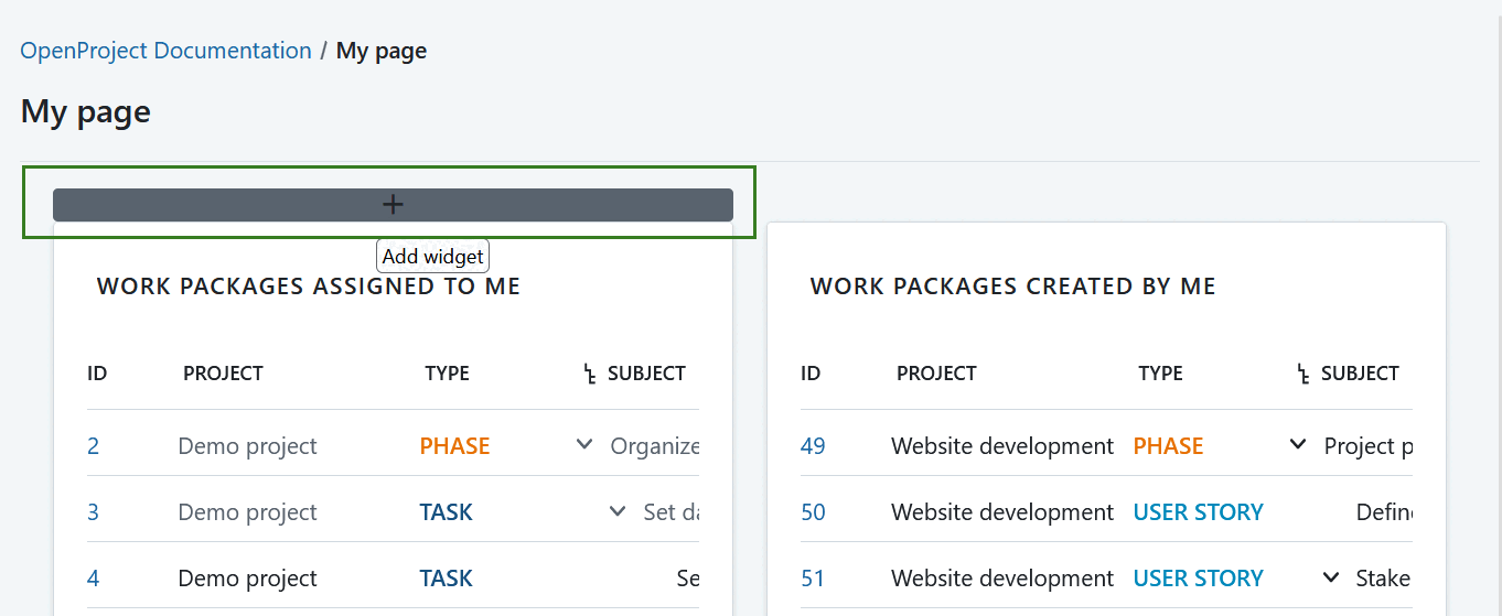 Plus icon to add a new widget to My page in OpenProject