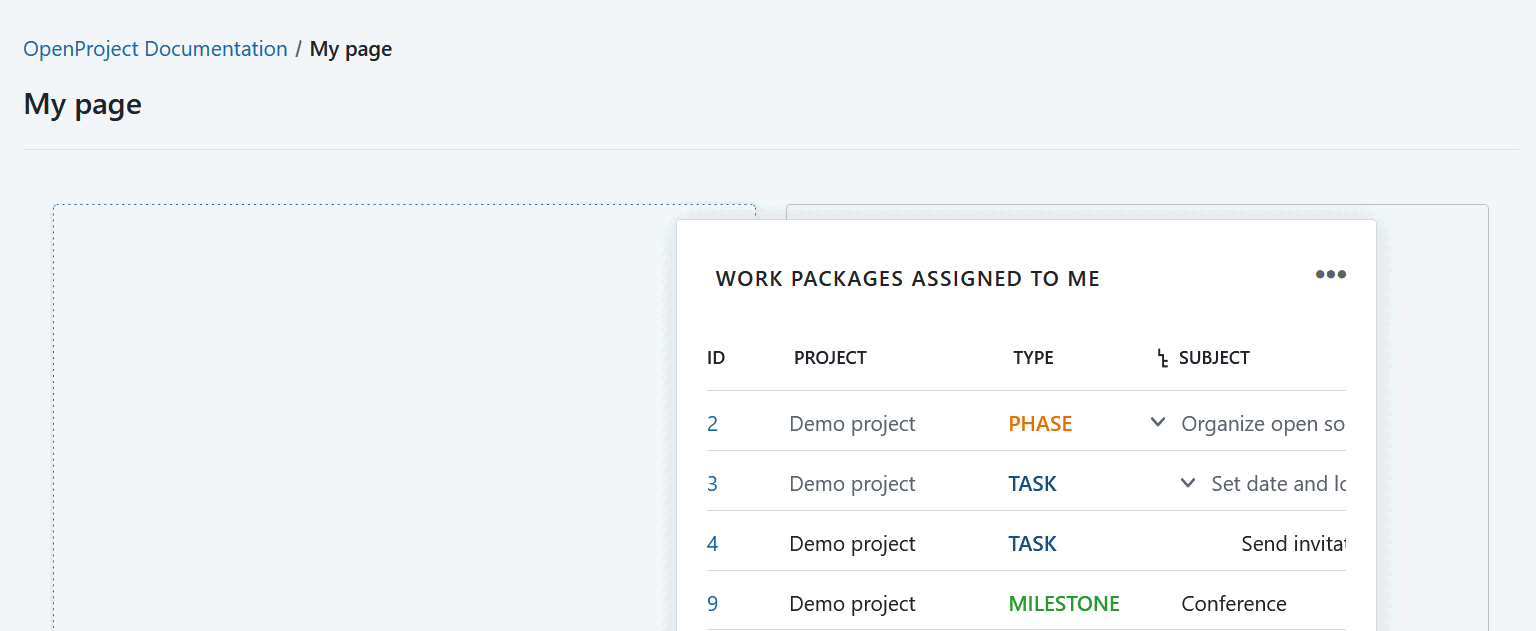 Move a widget by drag and drop on My page in OpenProject