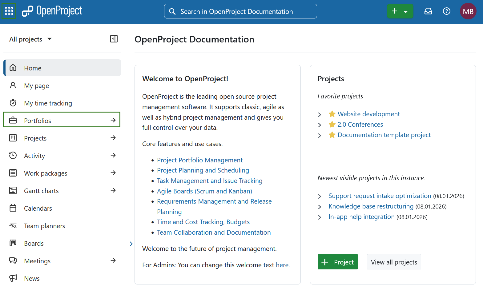 Select Portfolios from the global modules menu in OpenProject