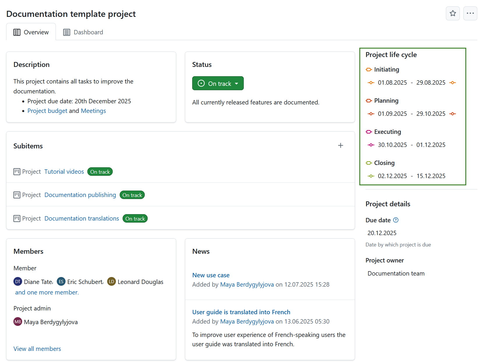 Project life cycle phases displayed on a project home page in OpenProject