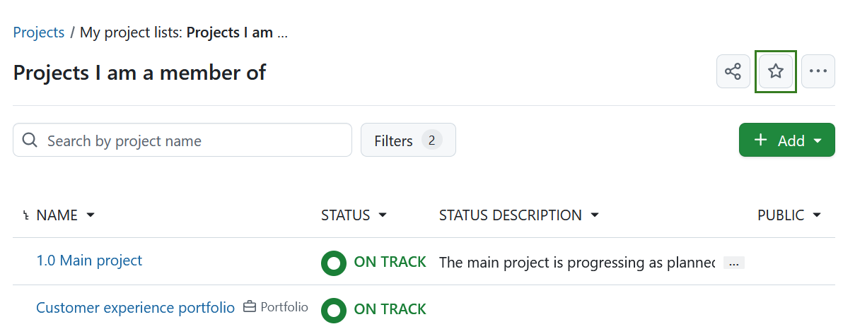 Mark project list as favorite in OpenProject